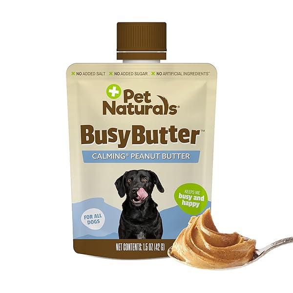 PET NATURALS BUSYBUTTER EASY SQUEEZE CALMING PEANUT BUTTER FOR DOGS, 6 POUCHES – GREAT FOR TREATS, LICK MATS, TRAINING, CALMING, AND OCCUPIER TOYS, BUSY BUTTER, 1.5OZ (PACK OF 6)