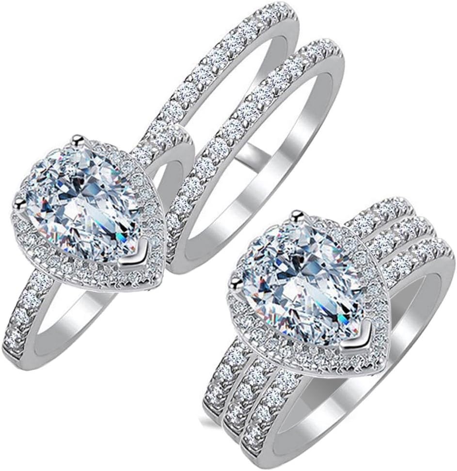 Diamonbella Realistic Simulated Diamond Pear Shaped Halo Ring Double Band Set 2 Carat Solid 925 Silver Platinum Plated
