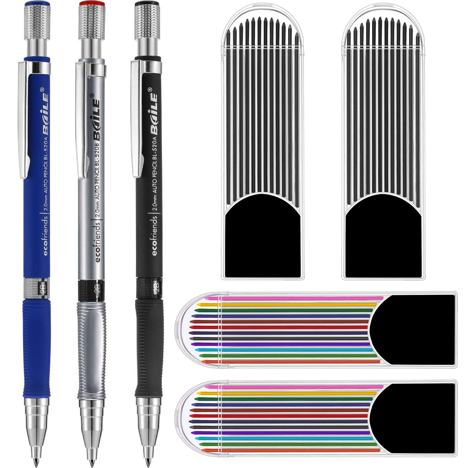 YoMaris 3PCS 2.0 mm Mechanical Pencils with Bonus 4 Cases Lead Refills, Color and Black Refills for Draft Drawing, Writing, Crafting, Art Sketching, Carpenter.