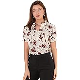 Allegra K Women's Ruffle Tie V Neck Casual Smocked Short Sleeve Floral Top Blouse