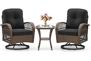 KOTEK 3 Piece Patio Furniture Set, Outdoor 360 Degree Swivel Rocker Patio Chairs with Tempered Glass Side Table & Thickened C