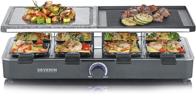 Raclette Gril 8 personnes, Pierre de Cuisson Naturelle, Plaque Réversible Anti-adhésive, Thermostat Réglable, Noir,RG 2371