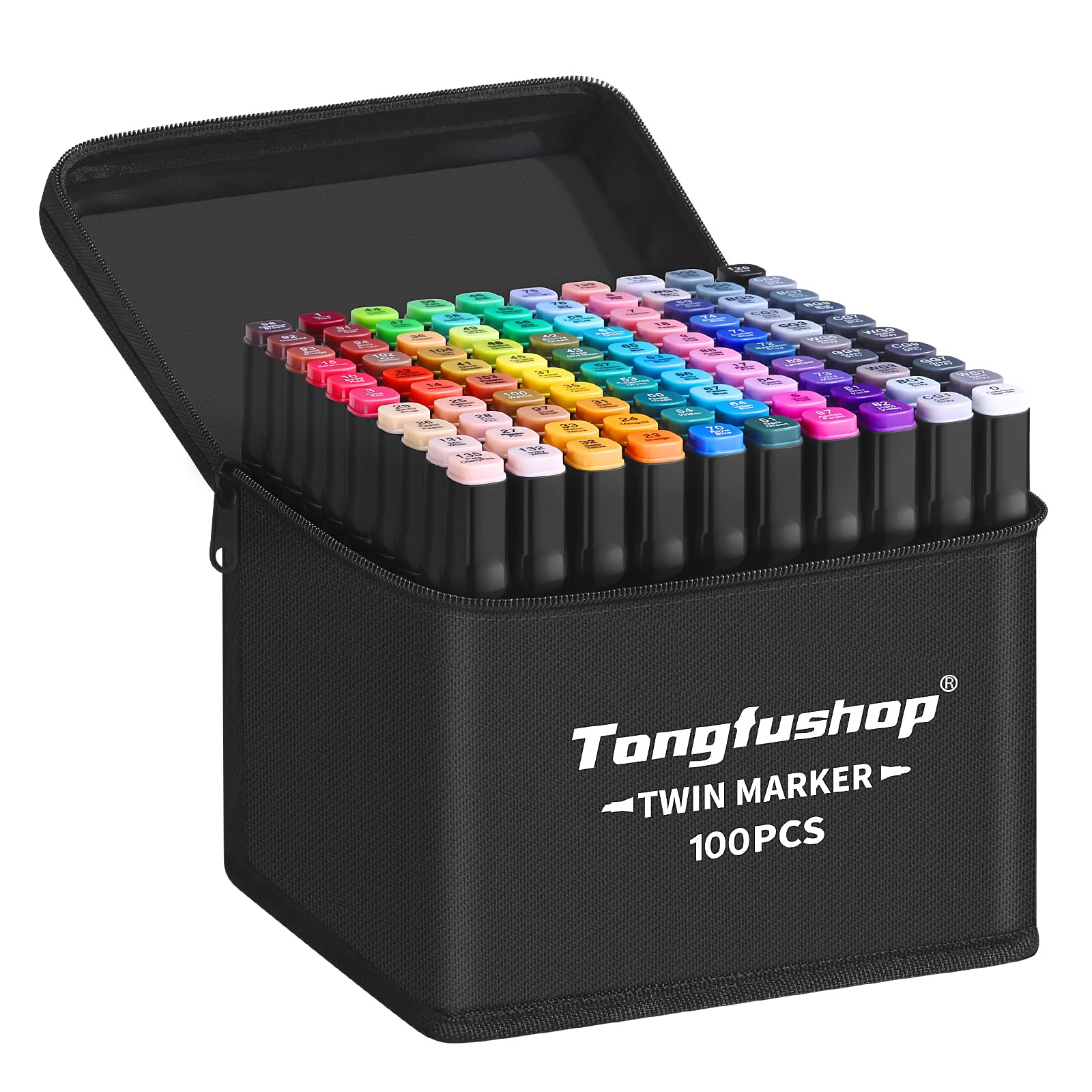 Tongfushop 100 Colored Marker Set, Colouring Pens for Adults, Dual Tip Art Alcohol Markers, Permanent Felt Tip Pens for Drawing, Sketching, Anime, Manga, Fun doodling with Carrying Case & Storage Base