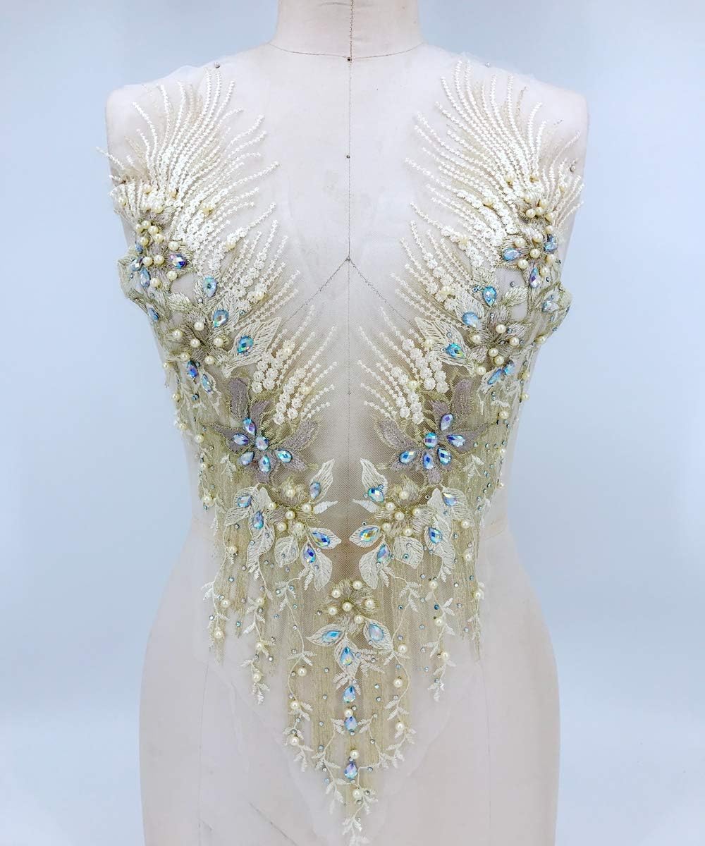Zbroh Colorful Mesh Embroidered Pearl Beaded Lace Applique Rhinestones Applique DIY Lace Fabric Trim