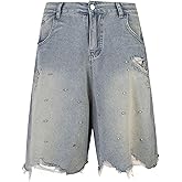FCOOLYEET Men Jean Shorts Y2k Rhinestone Denim Bermuda Shorts Long Baggy Jorts Streetwear Women