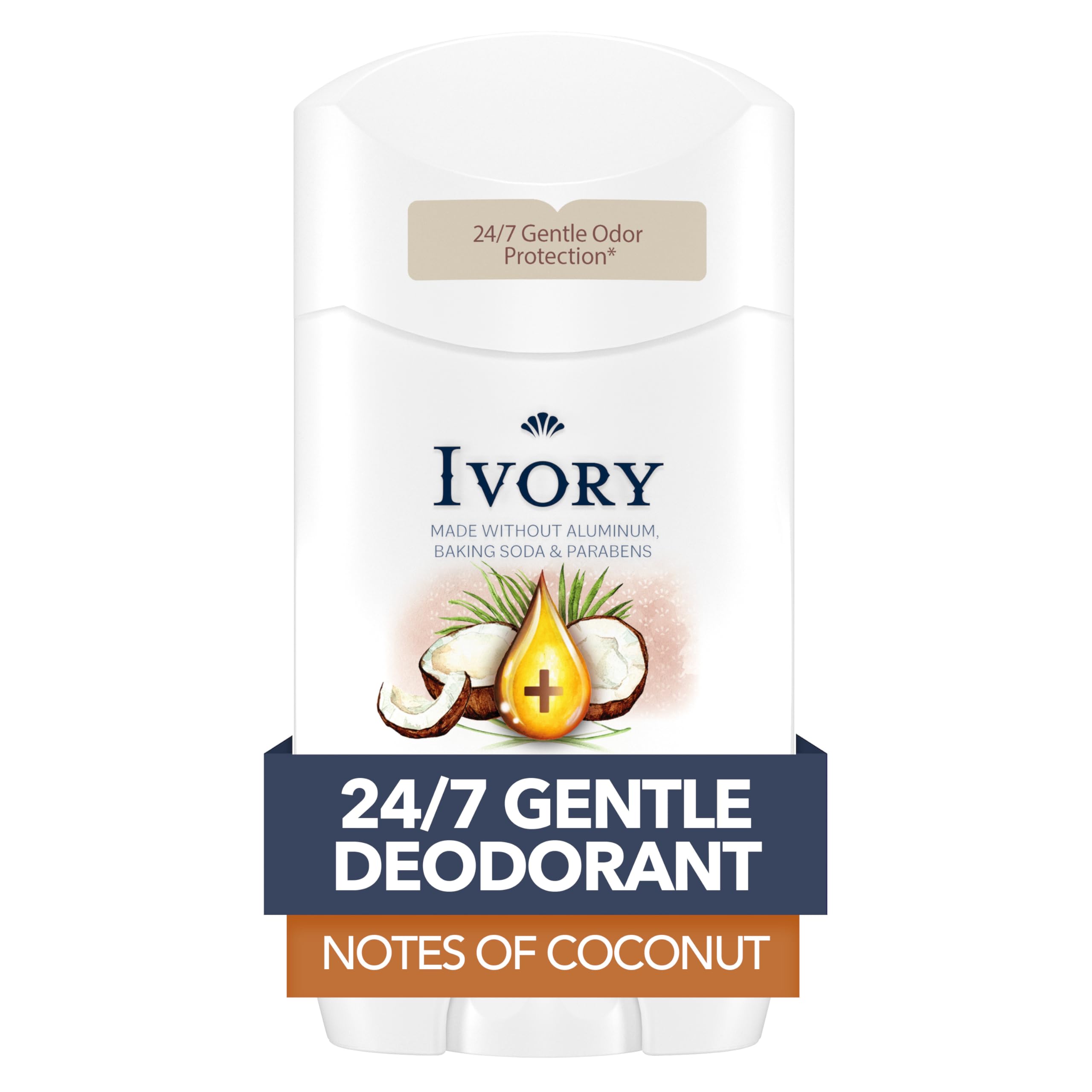 Photo 1 of Ivory Aluminum Free Deodorant, Notes of Coconut, 24hr Gentle Deodorant, Dermatologist Tested, Baking Soda Free, Paraben Free, 2.4 oz