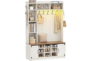 Hzuaneri 47.2" Hall Tree, LED Farmhouse Entryway Storage and Coat Rack Wood, Entryway Furniture with 7 Hooks, Hall Tree with Bench and Storage, 6 Storages Partitions Shoe Bench, Rustic White HT24614X