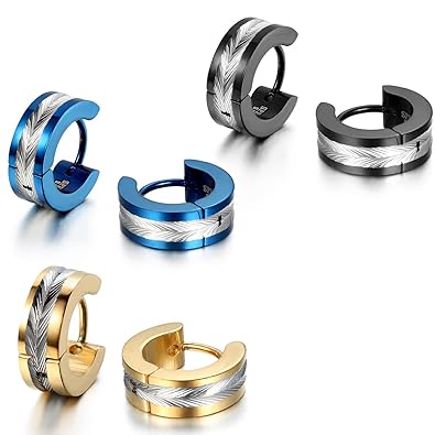 JewelryWe Schmuck Herren Ohrringe, Edelstahl, Glänzend Poliert Creolen Ohrstecker, Blau Schwarz Gold Silber