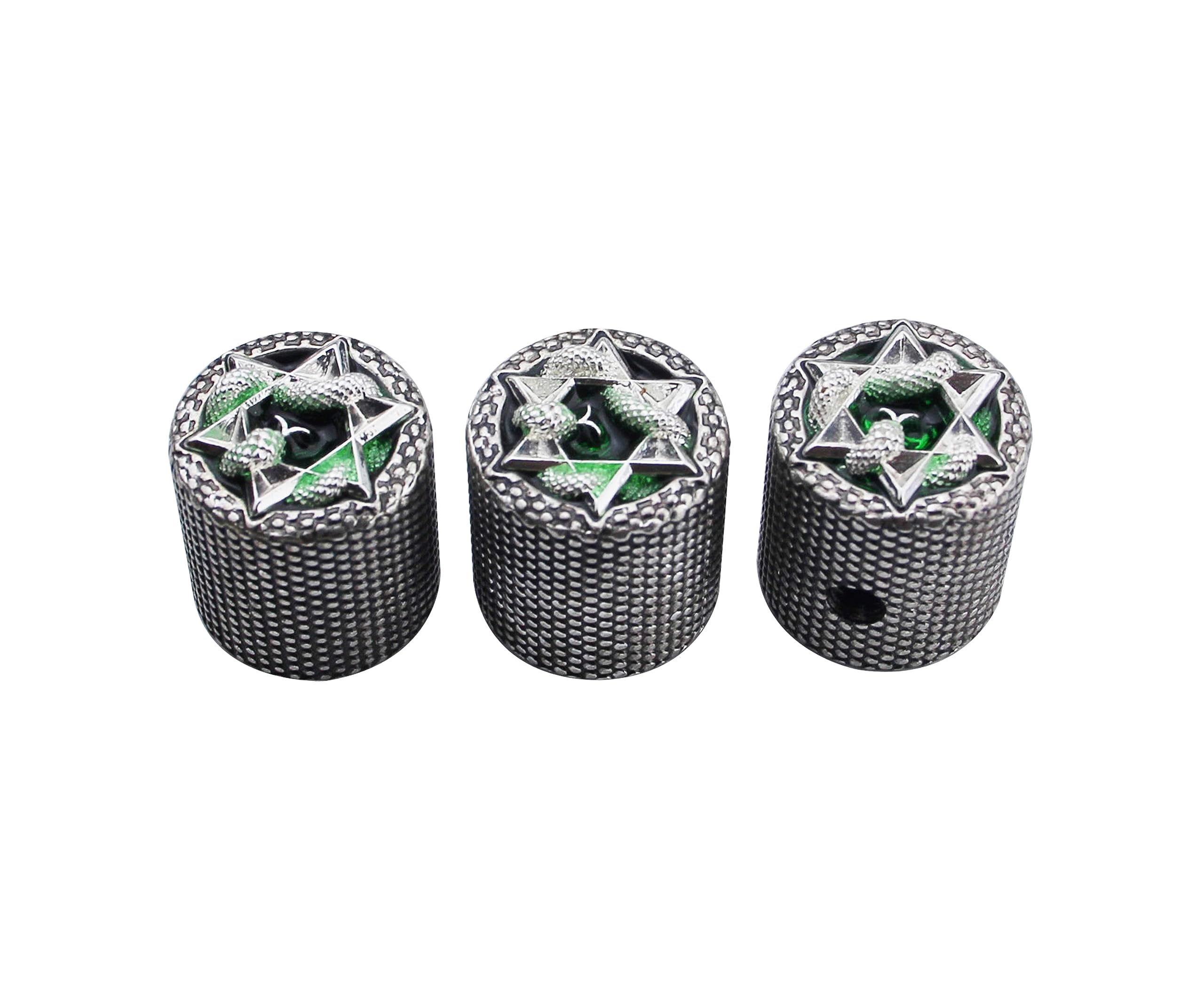 Guyker Guitar Bass Potentiometer Control Knobs with 6mm Dia. Shaft Pots - 3PCS Zinc alloy Speed Tone Volume Knob Replacement Part, (Chrome Snake Shape Top, Ancient Silver body)