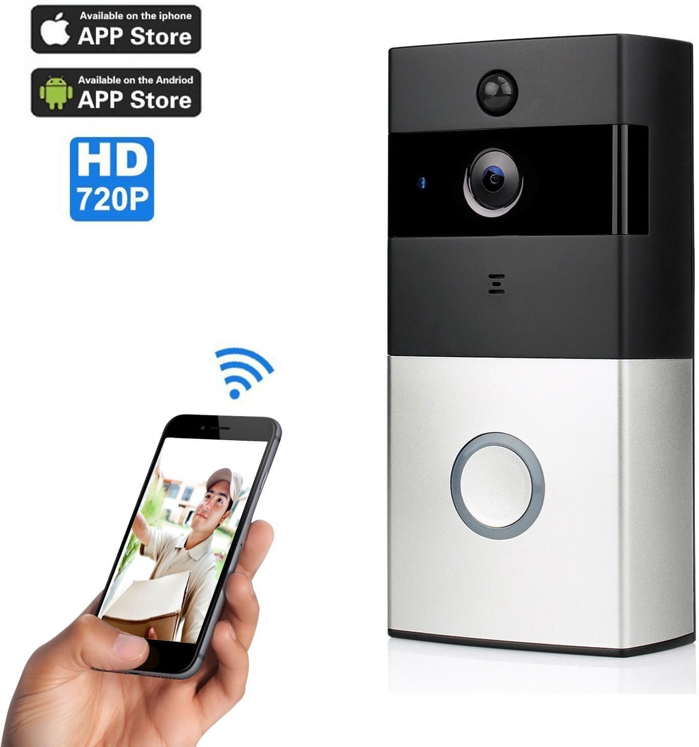 Wifi Wireless Video Doorbell, Home Security Doorbell Camera with 8G Card, Two-way Talk Audio, Motion Detection, IR Night Vision Compatile with IOS and Android Phones MAC