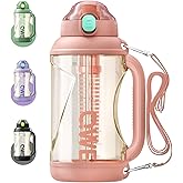 QWE Gym Large Plastic Water Bottle for women with lids and Straws&Handle,67oz,Heat-resisting,PPSU BPA Free, 1/2 half Gallon Water Jug Double drinking,leak proof, for Travel,Outdoors,Camping(Pink)