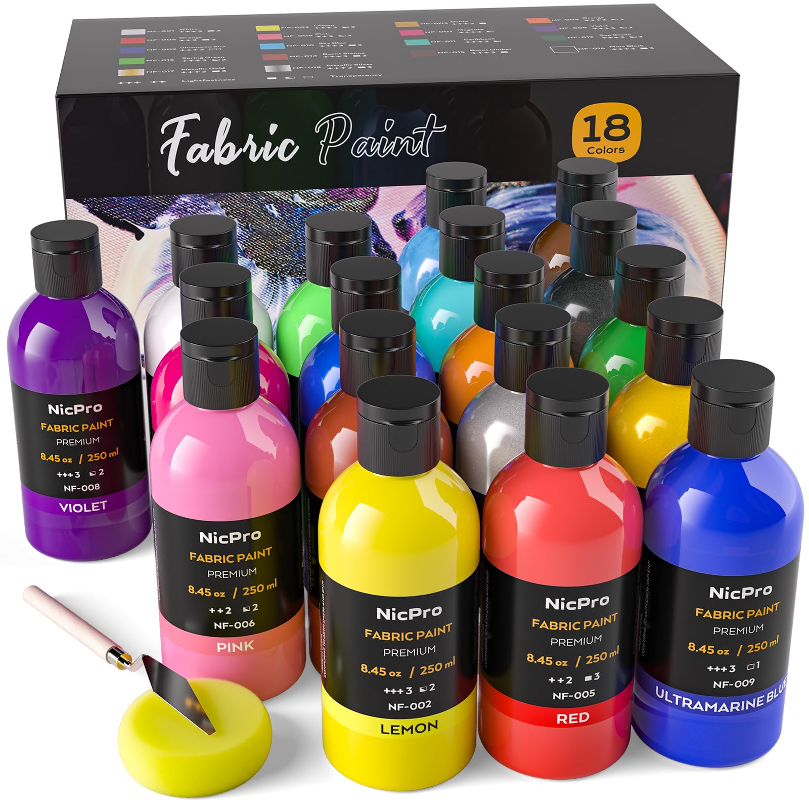 Nicpro 18 Colors Permanent Fabric Paint (8.45 oz, 250 ml) Soft Fabric Paint for Clothes, Non-Toxic Textile Paint for Fabric DIY Crafts, T-shirts, Shoes Jeans Bags Canvas for Adult with Color Wheel