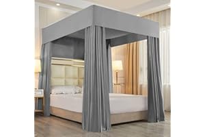 Mengersi Solid Four Corner Post Canopy Bed Curtains Sheer Cover Mosquito Net for Boys Kids Adults Bedroom Decoration (Queen, Gray)