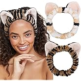 TEBIEKOY Plush Cat Ears Spa Headband For Washing Face Skincare Makeup, Elastic Animal Headbands for Women Girls Soft Coral Fleece Facial Wash Hair Accessories Trendy Stuff Gifts, 2PCS