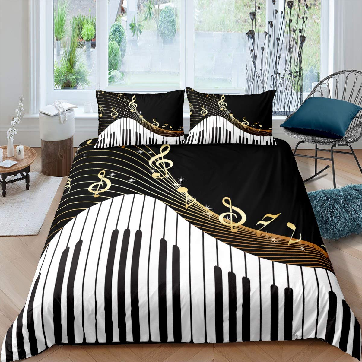 Piano Pattern Bedding Set Classic Music Themed Comforter Cover for Boys Girls Children Musical Pattern Duvet Cover Stain Resistant Geometric Stripe Room Decor Double Size Quilt Cover 3Pcs