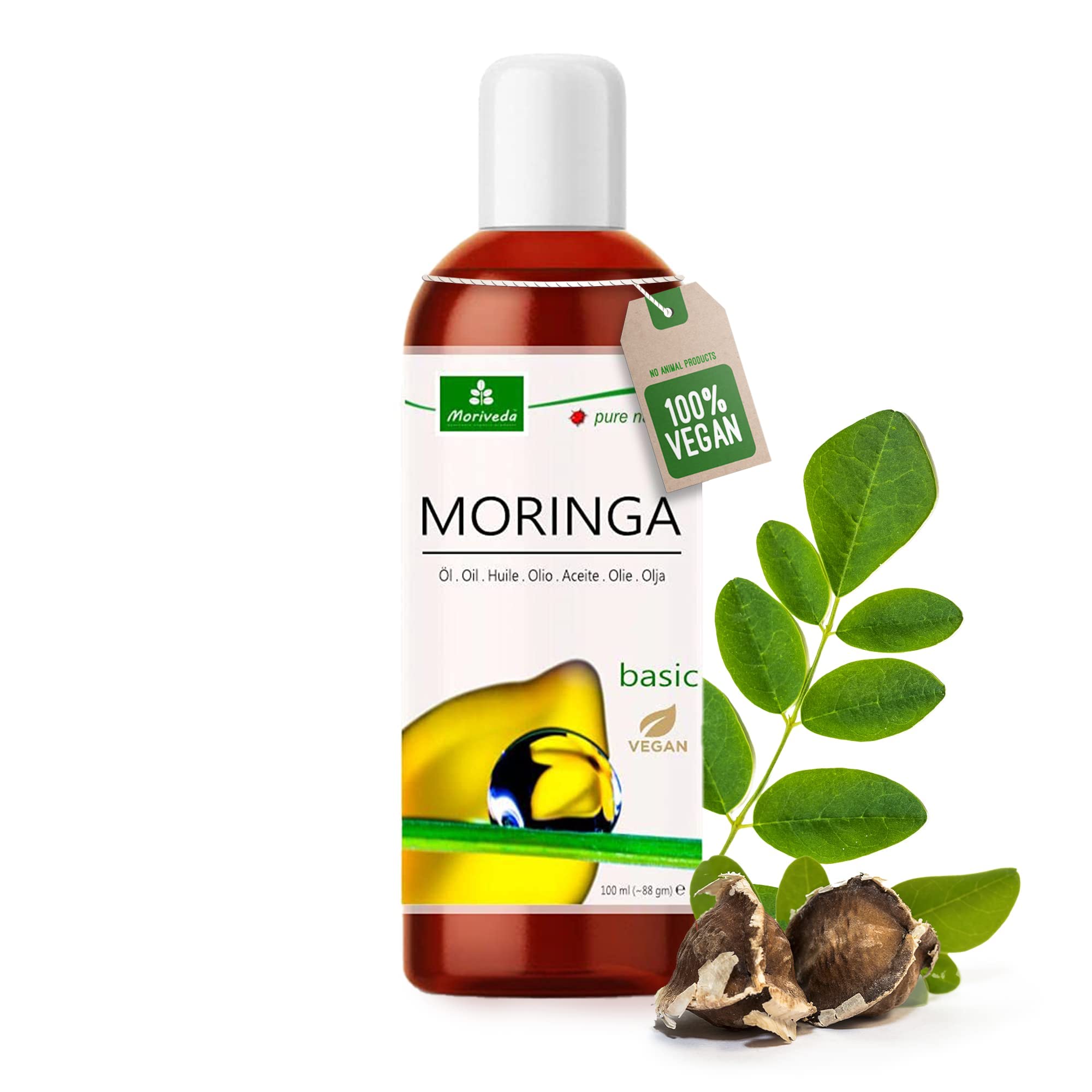 Moringa Oil Basic 100ml by MoriVeda, Pressed from Oleifera Seeds and Pods, Suitable for Skin Care, Hair Care, Wound Care, Anti-Aging