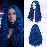 DWMGLP 24" Long Dark Blue Curly Wavy Wig For Women Heat Resistant Fiber Wigs Halloween Cosplay Daily Party+Cap (Dark Blue)