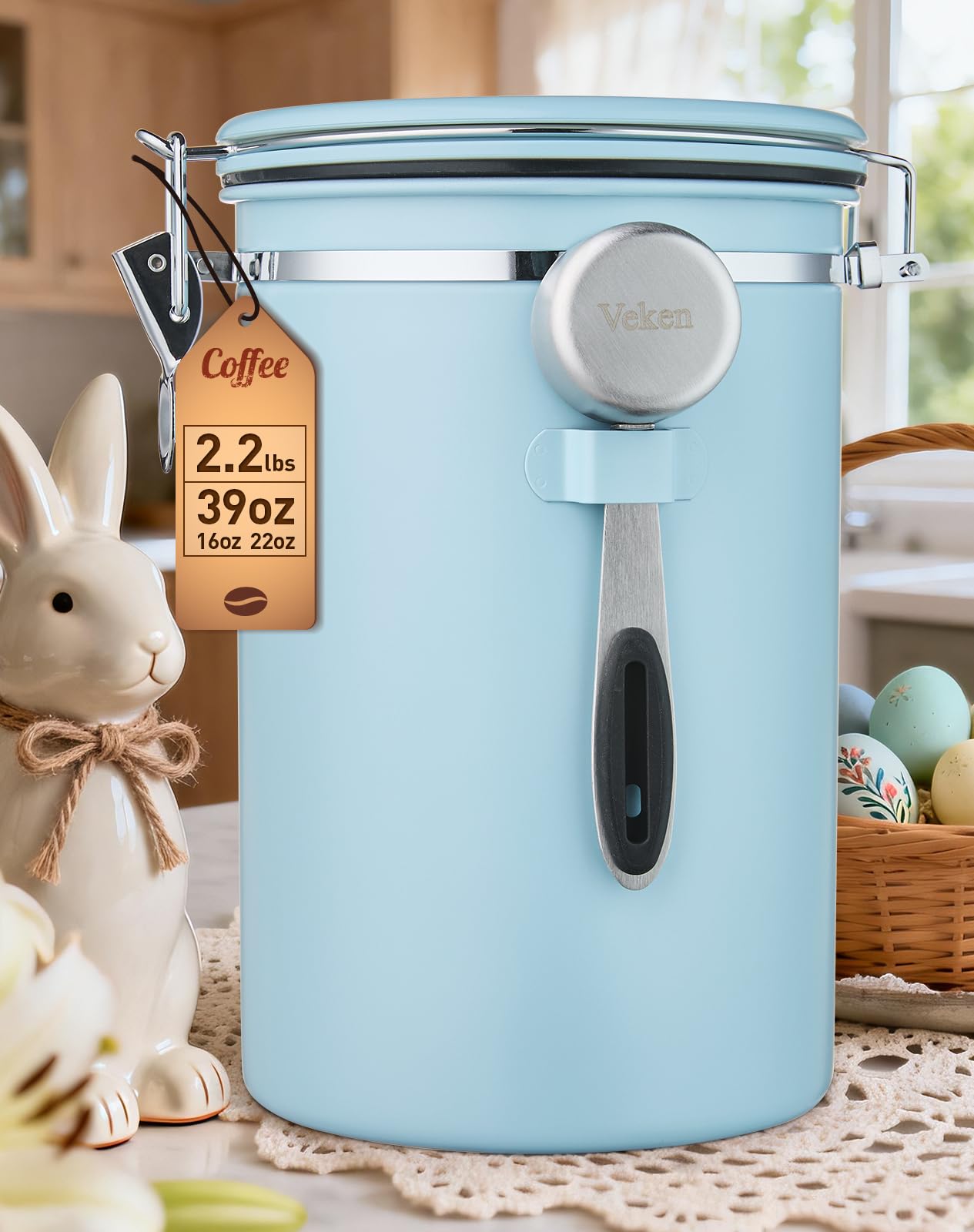 Veken Coffee Canister, 39OZ Large, Airtight Stainless Steel Food Storage Container for 2.2lbs Coffee Beans, Ground, Sugar, Tea, Cookie, Flour, Kitchen Bar Accessories with Date Tracker & Scoop, Blue Image
