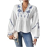 GORGLITTER Women's Boho Peasant Blouses Bishop Long Sleeve V Neck Babydoll Tops