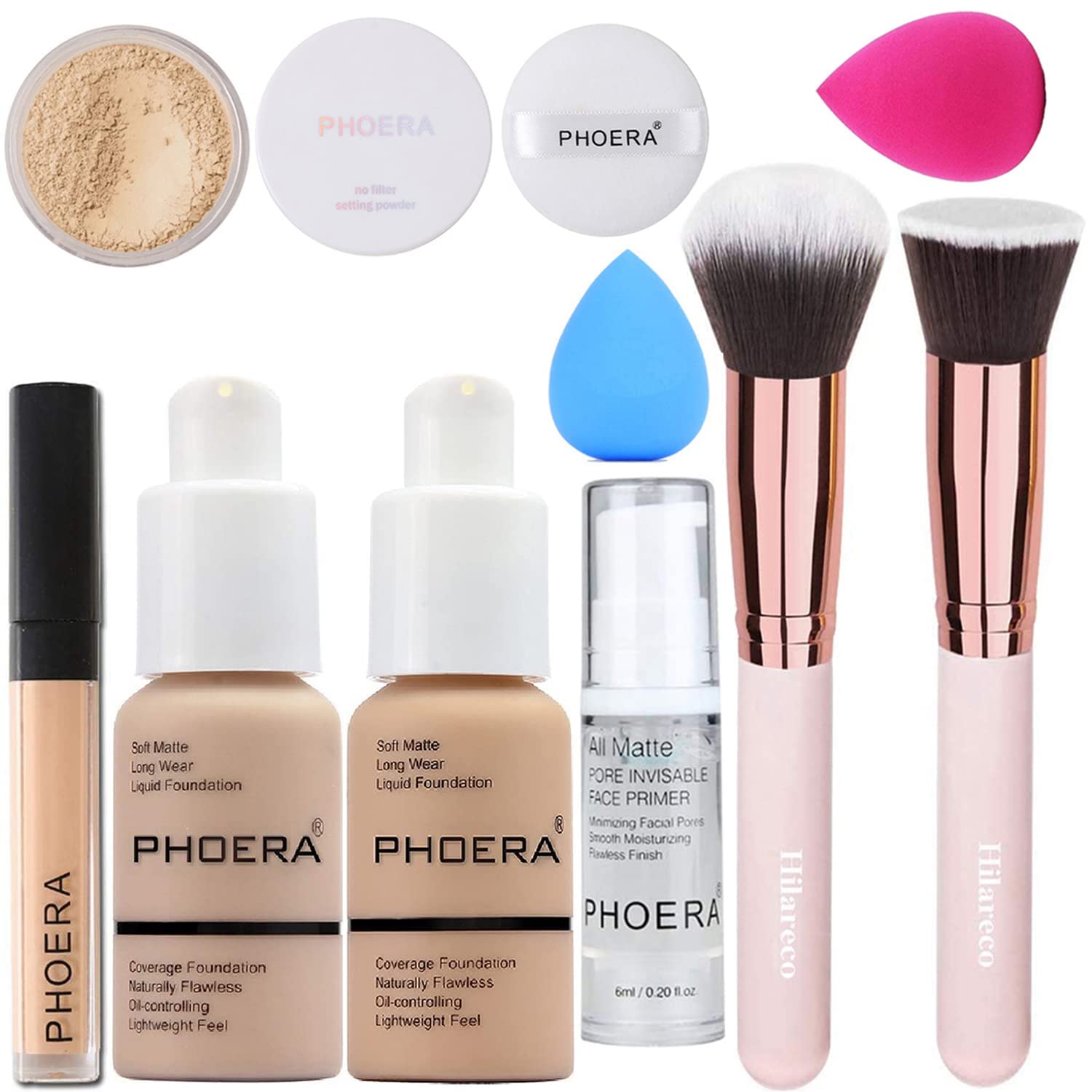 PHOERA Foundation,Full Coverage Foundation, Primer,Powder,Concealer, Makeup Setation Brush Powder Brush,2 Makeup Sponge(2 PCS 104- Buff Beige)