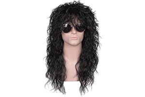 FantaLook Mens 80S Long Curly Black Rocker Costume Wig