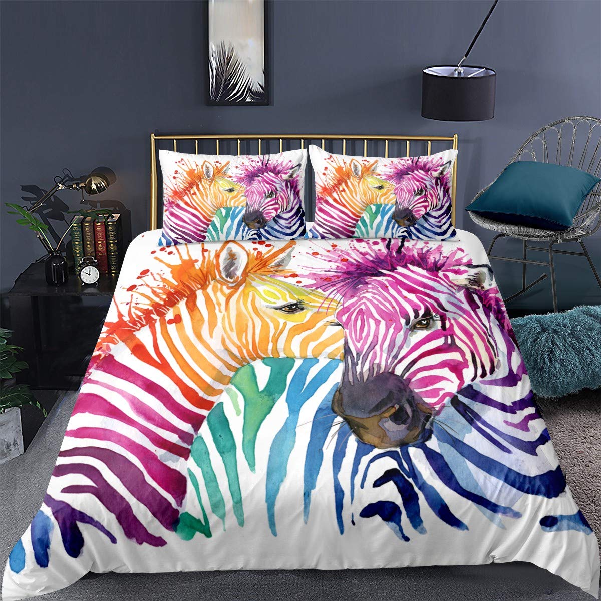 Colorful Zebra Duvet Cover Single Animal Bedding for Kids Girls Teens Beautiful Colorful Animal Theme Bedding Set Graphic Comforter Cover Graffiti Art Decor Bedding for Adult Men Women 2 Piece — image 1