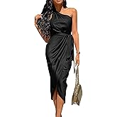 PRETTYGARDEN Women's Summer One Shoulder Ruched Satin Dress Sleeveless Wrap Spring Wedding Guest Cocktail Midi Dress