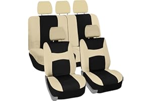 FH Group Car Seat Covers Full Set Cloth - Universal Fit, Automotive Seat Covers, Low Back Front Seat Covers, Airbag Compatible, Split Bench Rear Seat, Car Seat Cover for SUV, Sedan, Van Beige