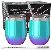 CHILLOUT LIFE Stainless Steel Wine Tumblers 2 Pack 12 oz - Double Wall Vacuum Insulated Wine Cups with Lids and Straws Set fo