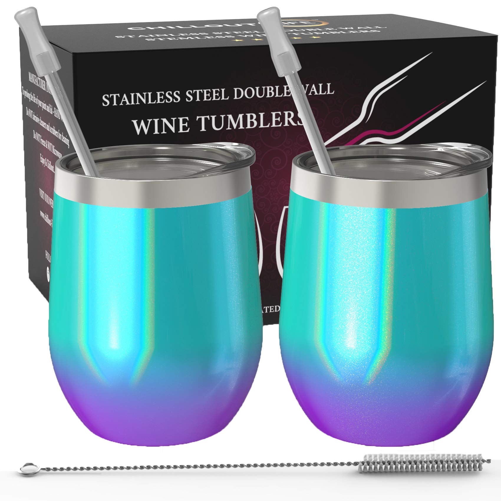 CHILLOUT LIFE Stainless Steel Wine Tumblers 2 Pack 12 oz - Double Wall Vacuum Insulated Wine Cups with Lids and Straws Set for Coffee, Wine, Cocktails (Mermaid Sparkle) — image 1