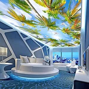 Pintura De Techo De Palmera De Coco Cielo Azul Y Nubes Blancas Techo