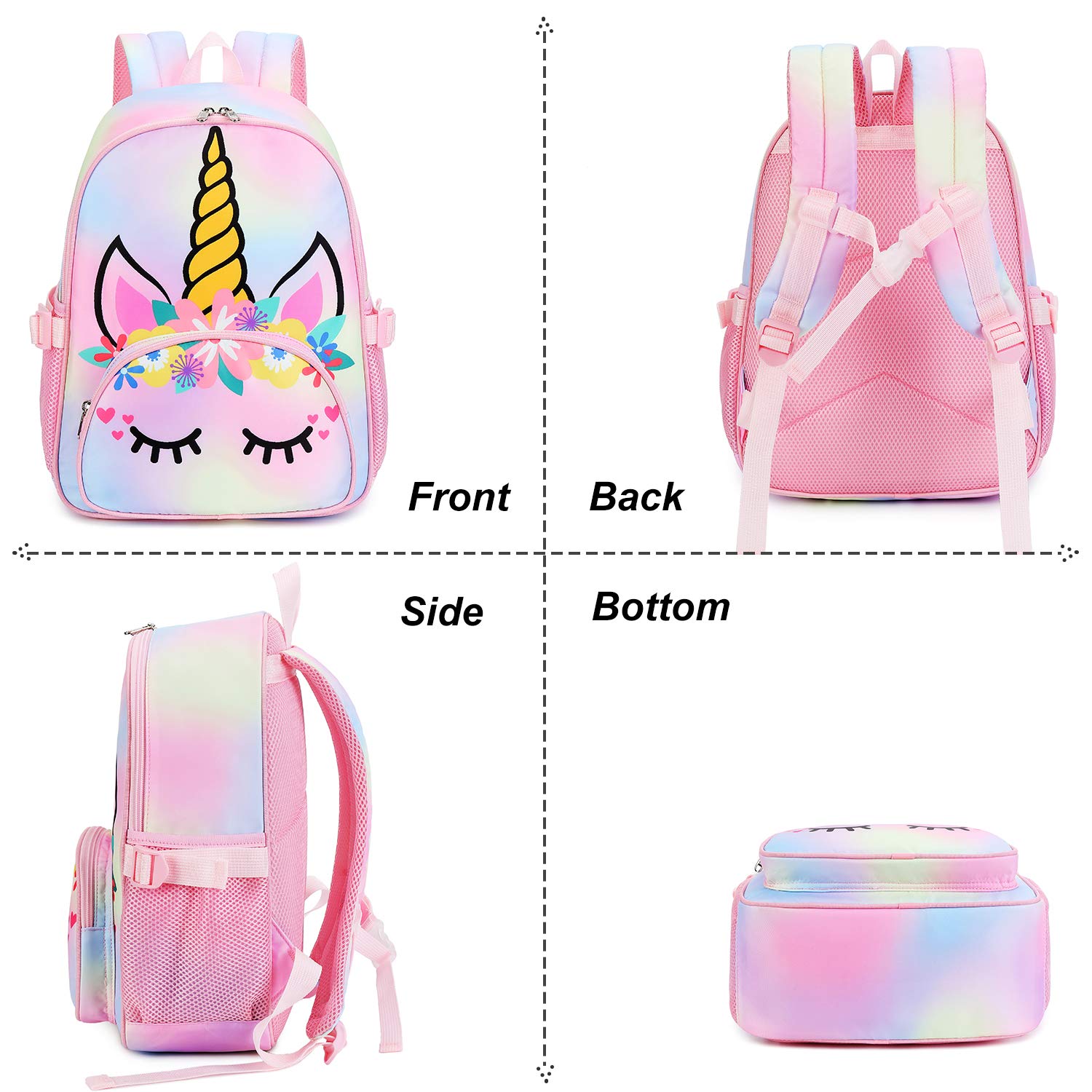 Kids Backpack Girls School Backpack Preschool Kindergarten Unicorn Toddler BookBag with Chest Clip (Tie Dye headband)