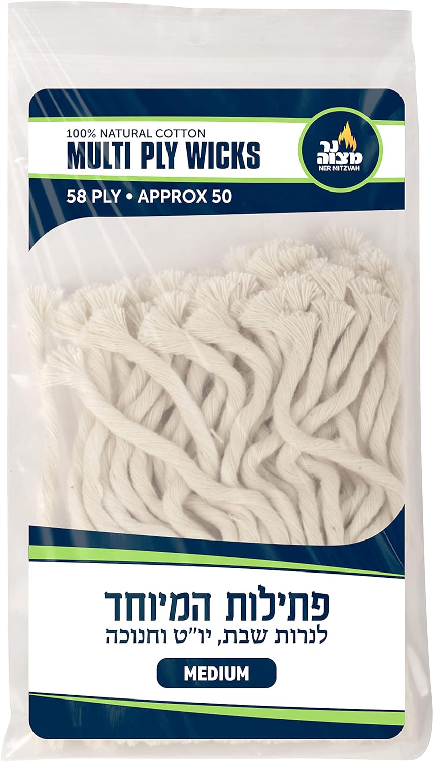Oil Lamps & Accessories - Ner Mitzvah Natural Smokeless Cotton Wicks – 50 Count (Approx.) 58 Ply Medium Thickness for Oil Cup Candle – Replacement Wicks