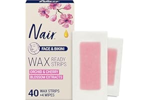 Nair Hair Remover Wax Ready Strips, Face and Bikini Hair Removal Wax Strips, Orchid and Cherry Blossom Extracts, Dermatologist Tested, Plus 4 Non-Flushable Post Wipes, 40 Count