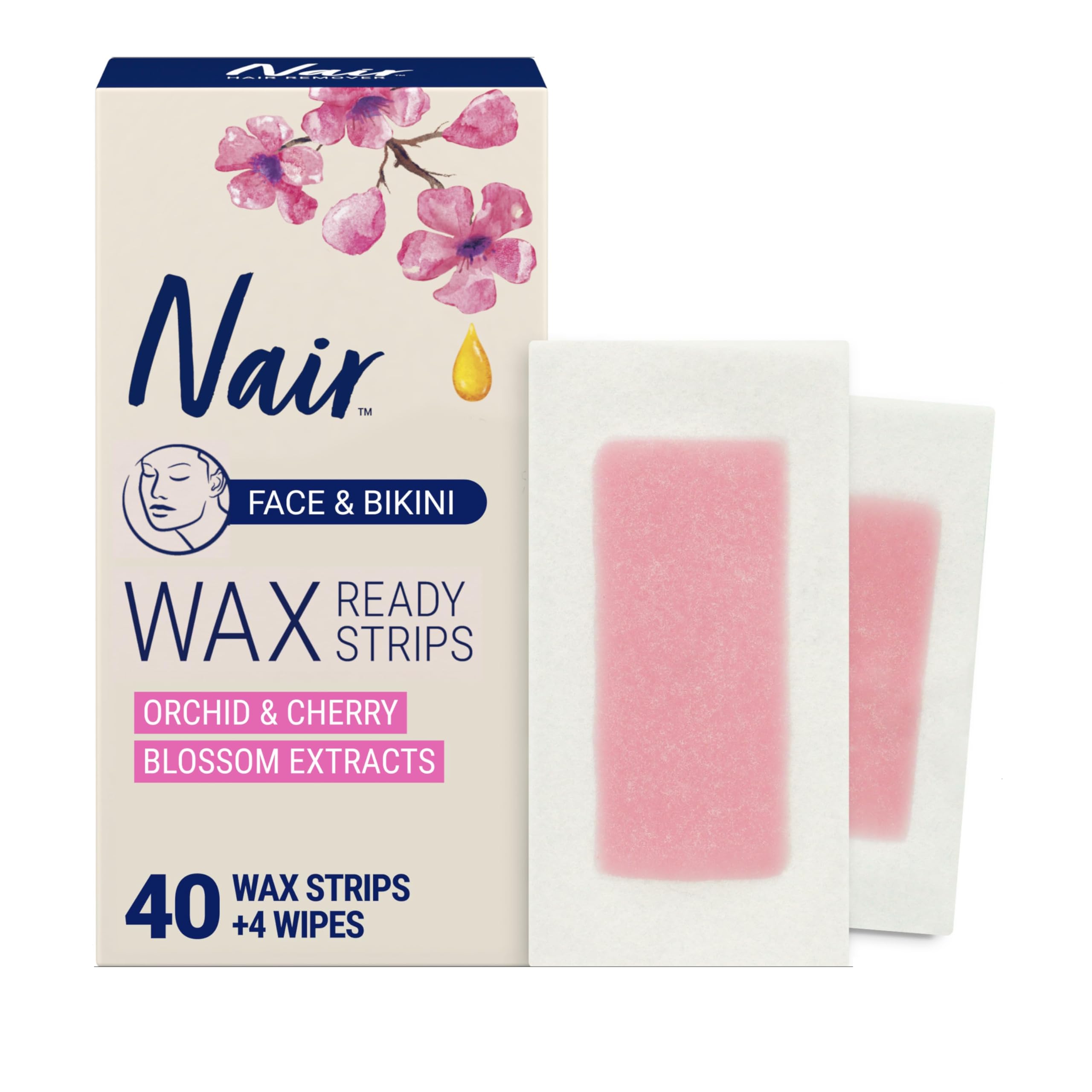 Photo 1 of Nair Hair Remover Wax Ready Strips, Face and Bikini Hair Removal Wax Strips, Orchid and Cherry Blossom Extracts, Dermatologist Tested, Plus 4 Non-Flushable Post Wipes, 40 Count