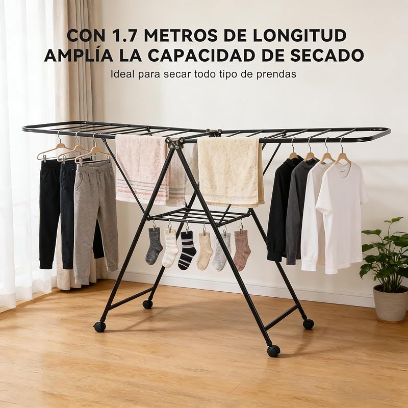 Varal dobrável com rodas, aço carbono, asas extensíveis até 1,7 m, altura ajustável, carga de 40 kg, secador para interior e exterior, preto
