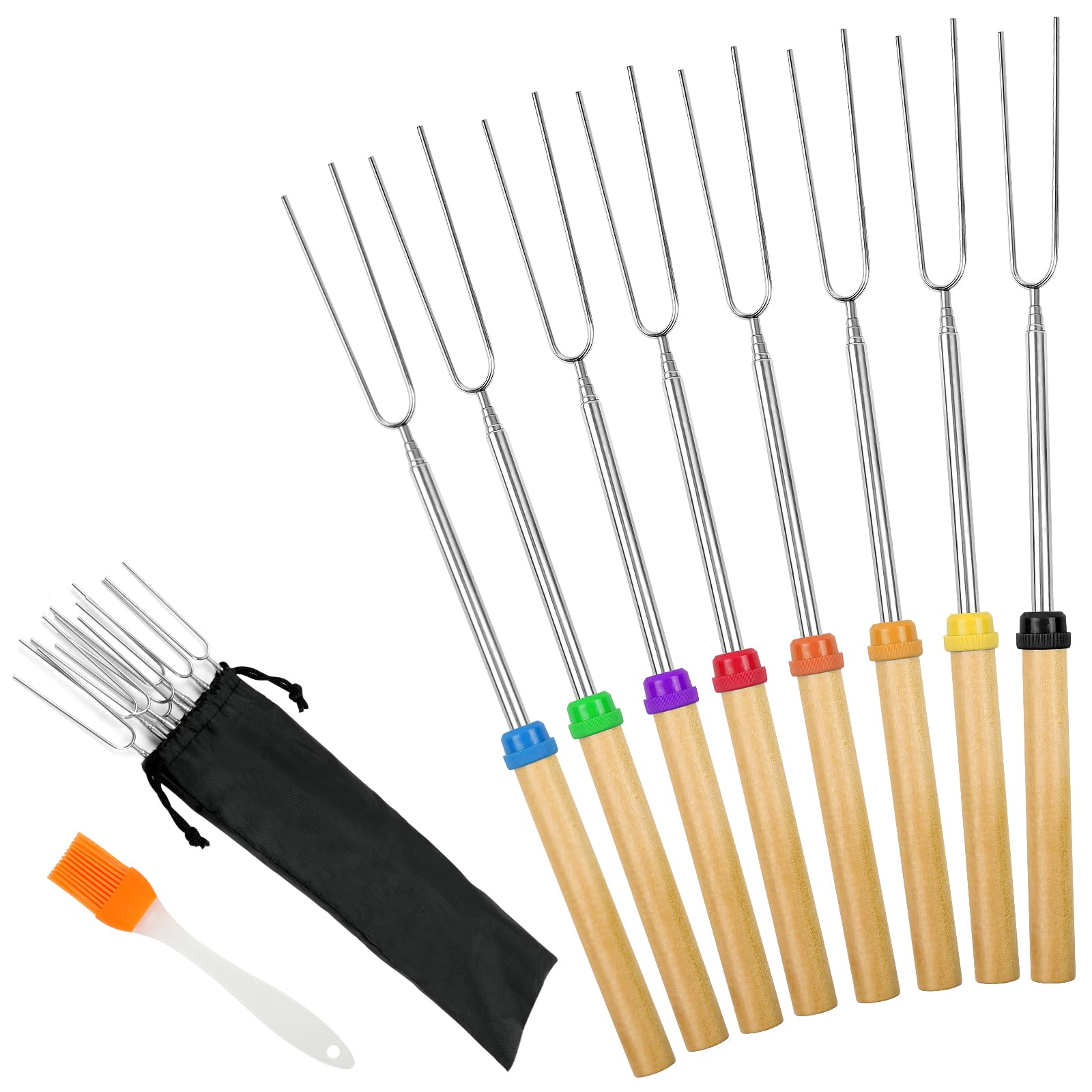 OFFCUP Barbecue Forks, 8pcs Marshmallow Toasting Forks, Extendable Stainless Steel Marshmallow Roasting Sticks Hot Dog Forks BBQ Smores Skewers for Fire Pit and BBQ Campfire Party