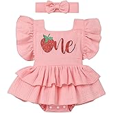 AWIBMK Baby Girls 1st Birthday Outfit Melon Strawberry Ruffle Princess Romper Dress with Headband Cake Smash Clothes