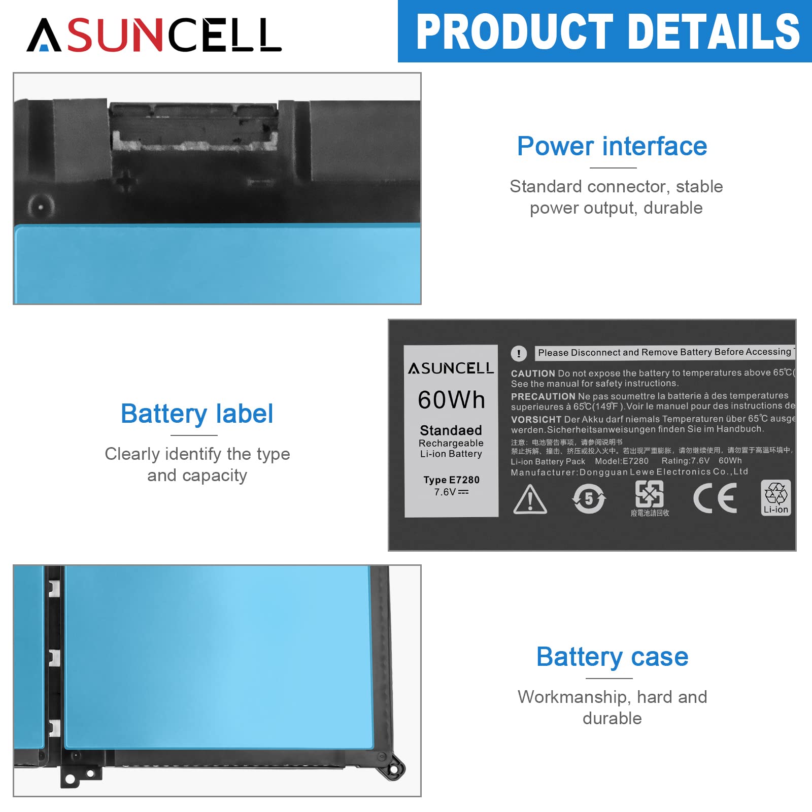 Batteria Per Dell Latitude Serie 7000 ASUNCELL 60Wh - Modello F3YGT, 7.6V, 4 Celle - Foto 10