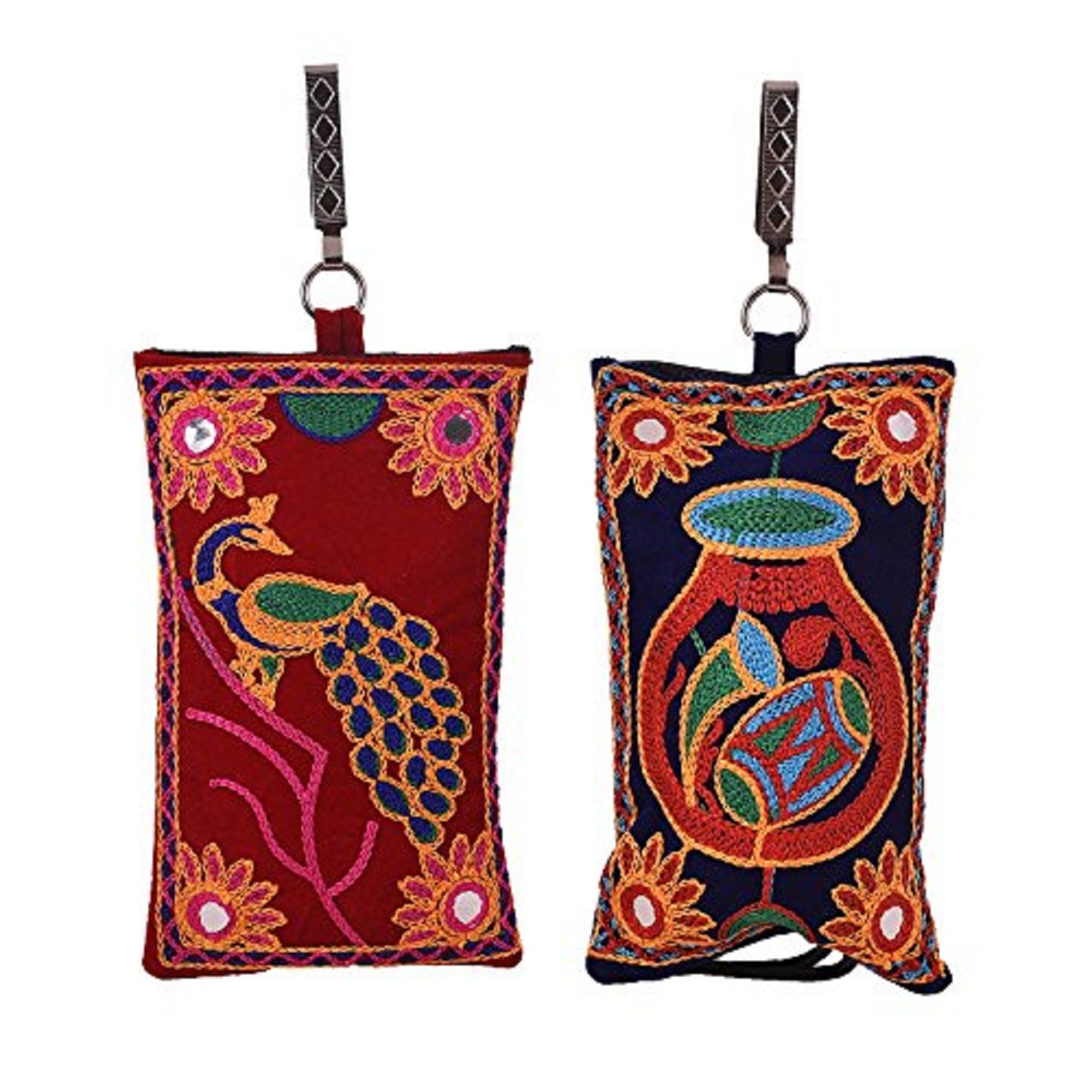 craft trade fabric embroidered work velcro multicolor mobile pouch (10 x 3 x 17)