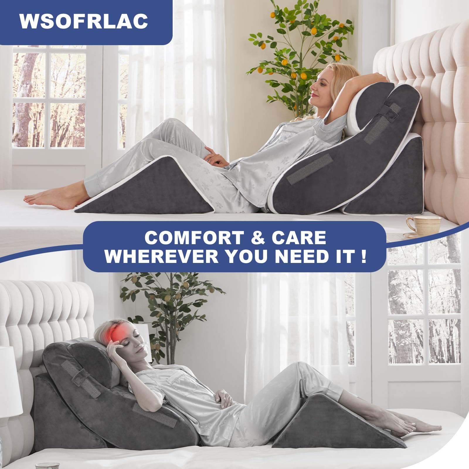 4PCS Orthopedic Bed Wedge Pillow Set for Sleeping, Post Surgery Foam Support Pillows for Back, Neck and Leg Pain Relief, Adjustable Triangle Pillow – Acid Reflux, GERD & Snoring Recovery, White Grey