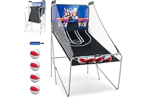 GYMAX Arcade Basketball Game Indoor Foldable with 8 Game Modes, Arcade Sound, 4 Balls and Inflation Pump, Electronic Basketball Games for Home
