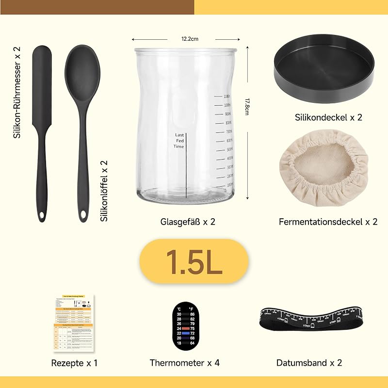 Pro - Set de iniciación de masa madre de 1,5 l de cristal grande con 17 recetas, accesorio para iniciar masa madre para hornear pan y fermentación (2 unidades) — foto 2 de 8