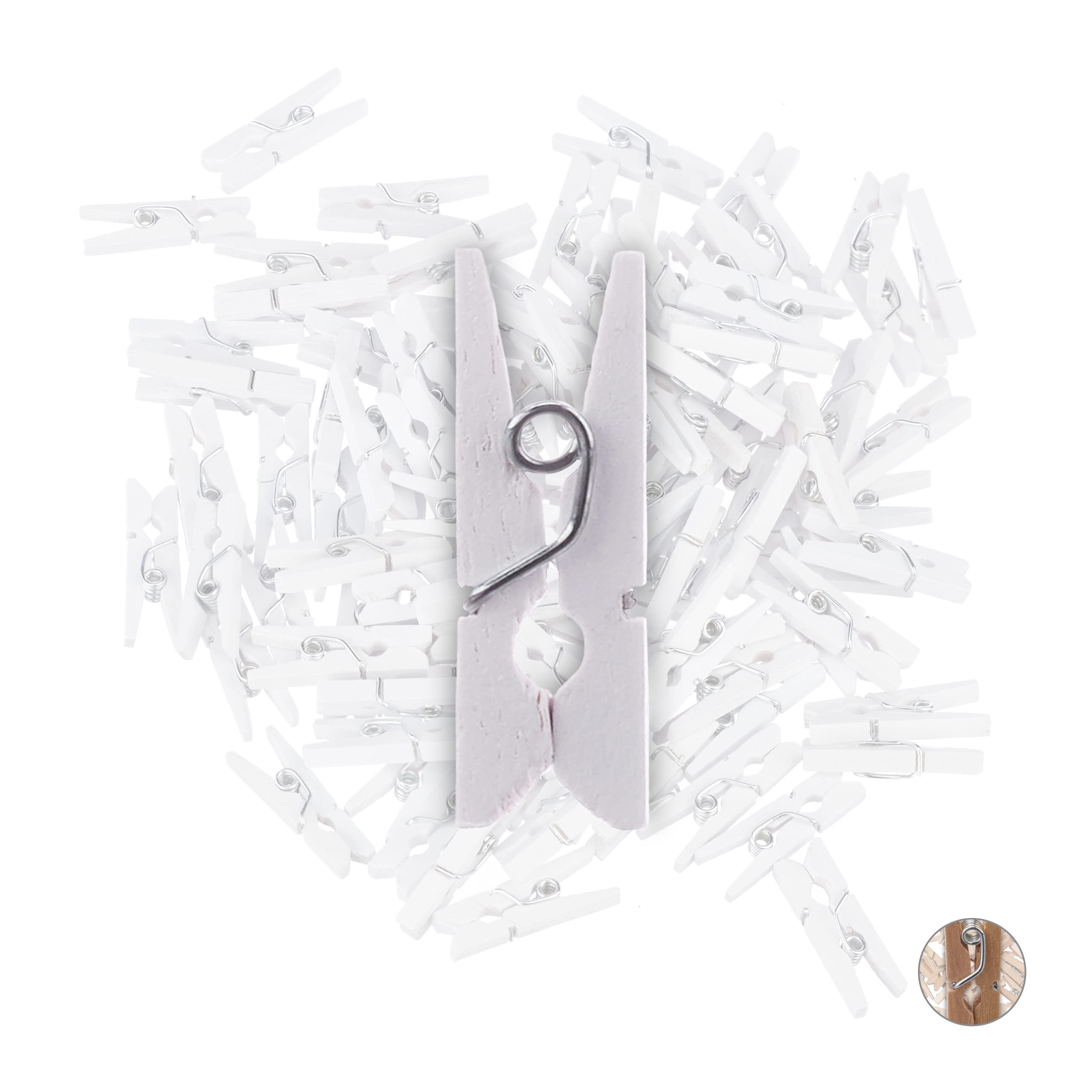 Relaxdays Set of 100 Mini Wooden Laundry Pegs, Small Retro Clothespins, White