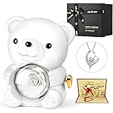 Jibeufi Teddy Bear with Preserved Rose, Flower Forever in Bear with Necklace and Elegant Gift Box for Women, Romantic Bear Roses Gifts for Valentines Mothers Day Anniversary Day Birthday (White)