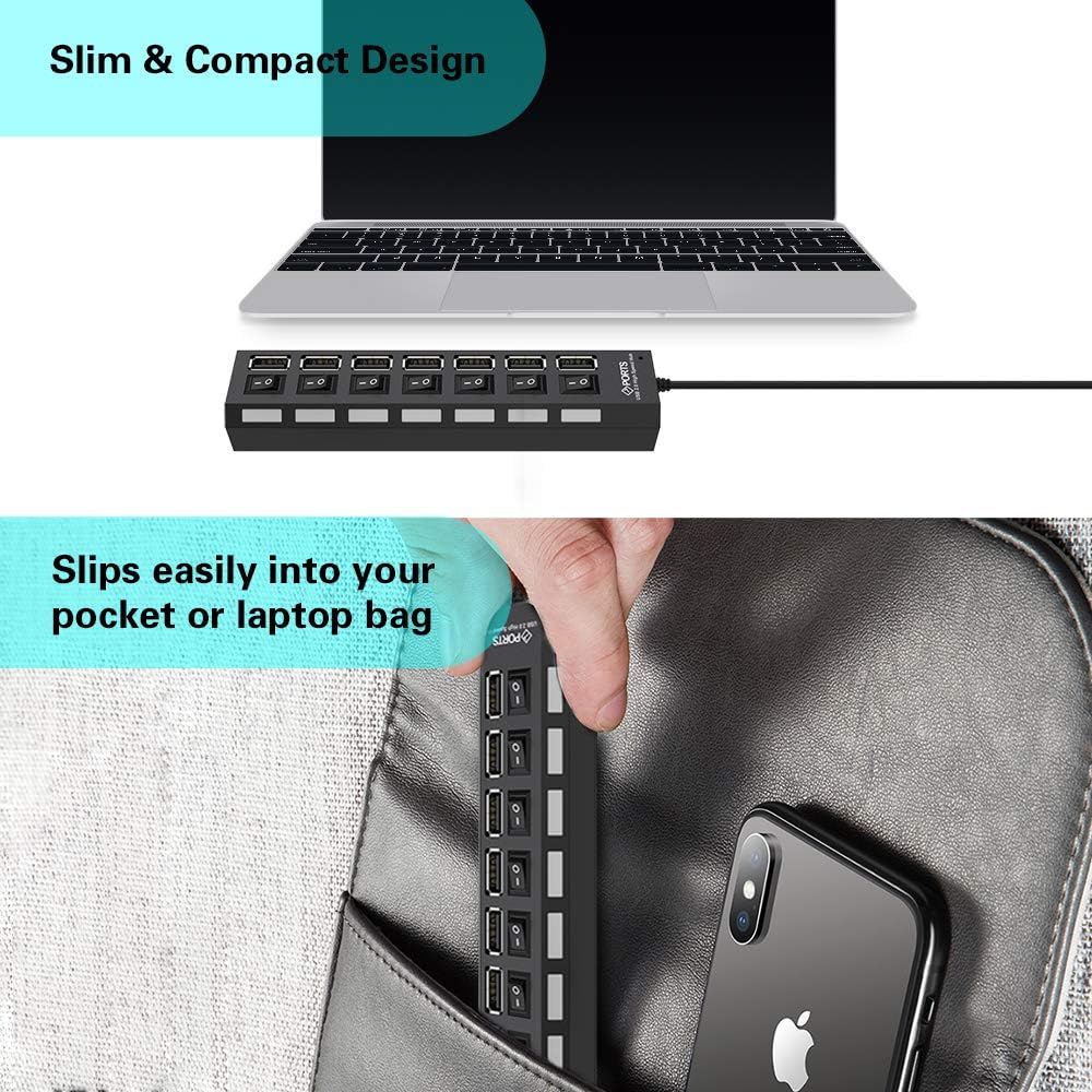 7-Ports USB 2.0 Hub High Speed ON/Off Individual Switch with LEDs Power Switches USB Hub: Computers & Accessories