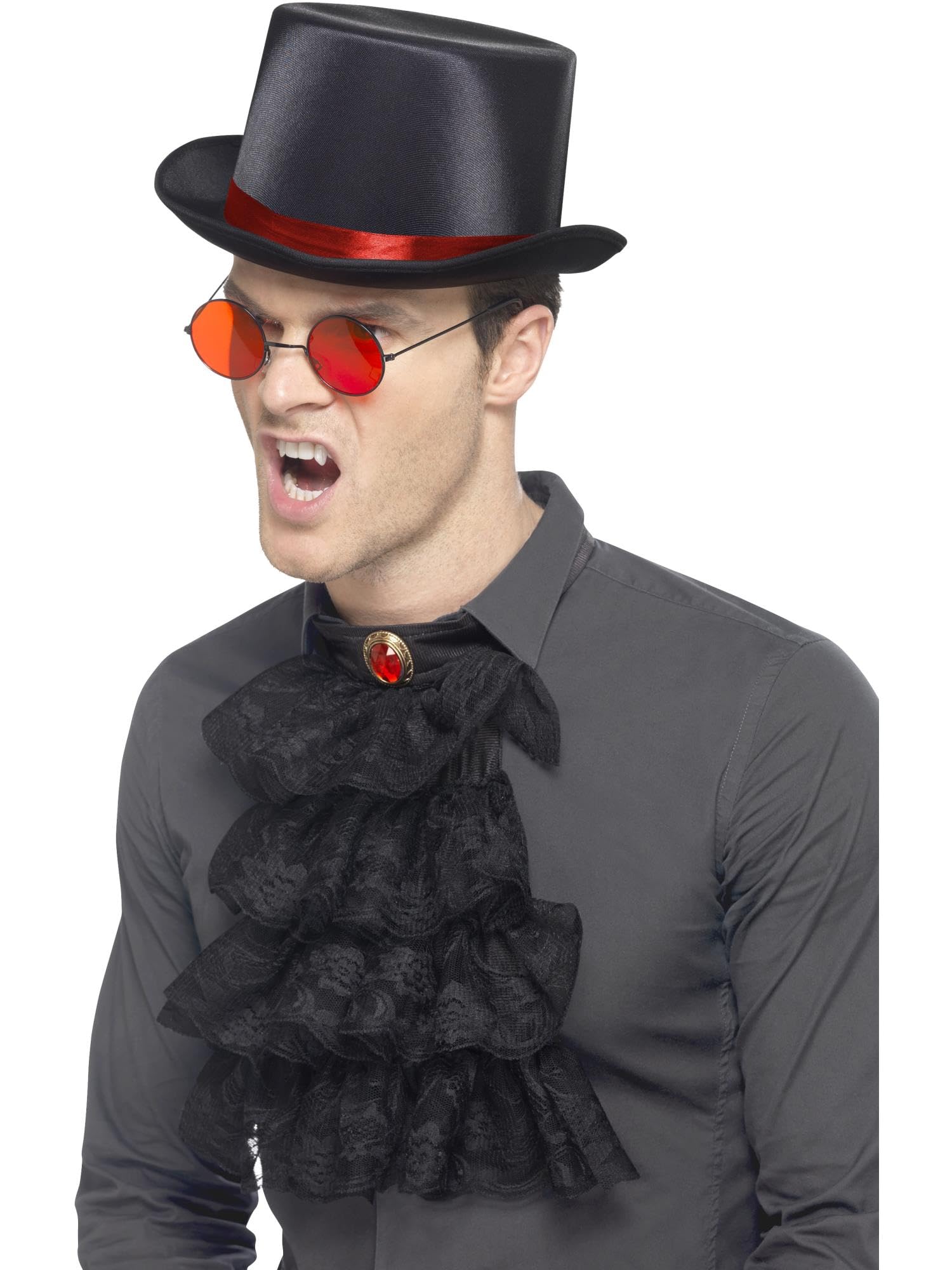 Smiffys Gothic Kit, with Elastic Inner Rim Top Hat, Red & Glasses & Neck Ruffle, Halloween Fancy Dress Accessory, Vampire Dress Up Accessories