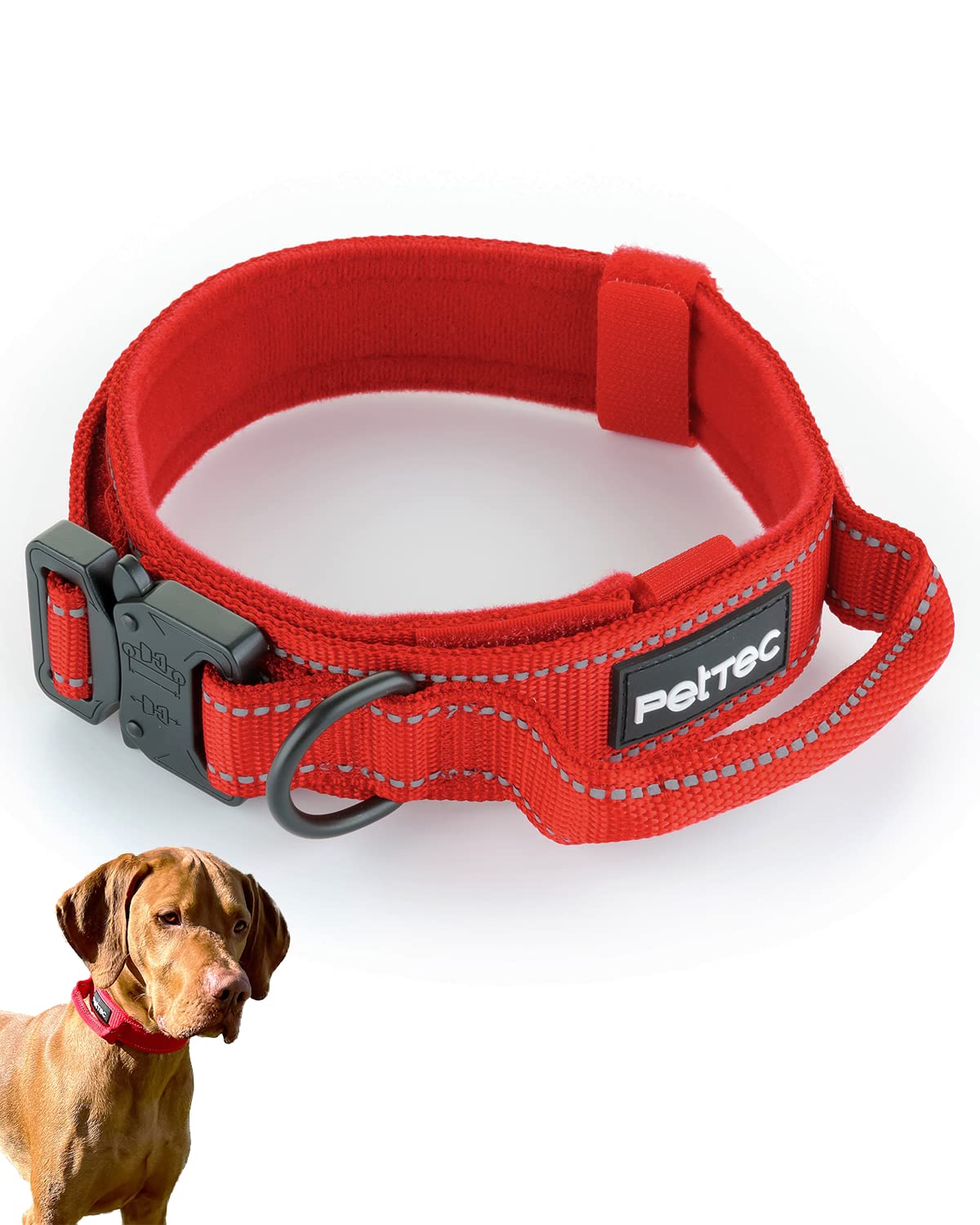 PetTec Large Dog Collar - D200 Nylon & Neoprene Padding - Adjustable Collars For Dogs, Big Breeds - Durable Handle, D-Ring & Quick-Release Metal Buckle - Weather-Proof, Dirt-Proof Waterproof - 51-61cm