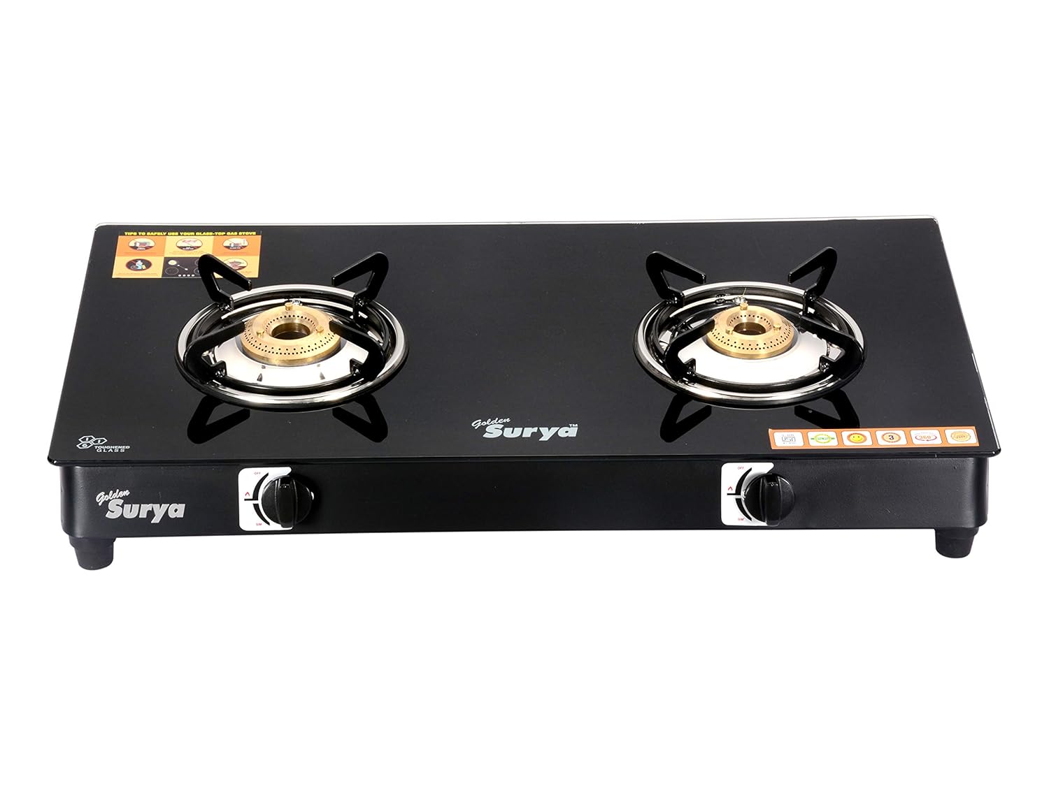 Buy Golden Surya 2 Burner Glass Top Gas Stove, Black, BIS Certified, 3