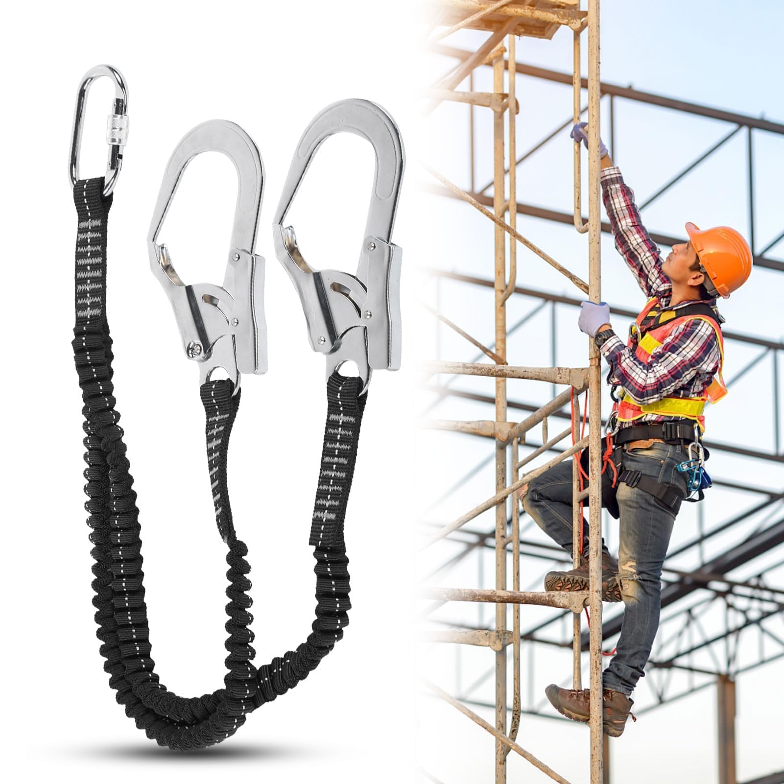 HERCHR 80-140cm/31.5-55.1in Elastic Hook Safety Belt, 25KN/2500KG Double Hook Retractable Safer Coiled Lanyard Shock Absorbing Lanyard Safety Fall Protection Rope Wireman Safer Belt for Outdoor